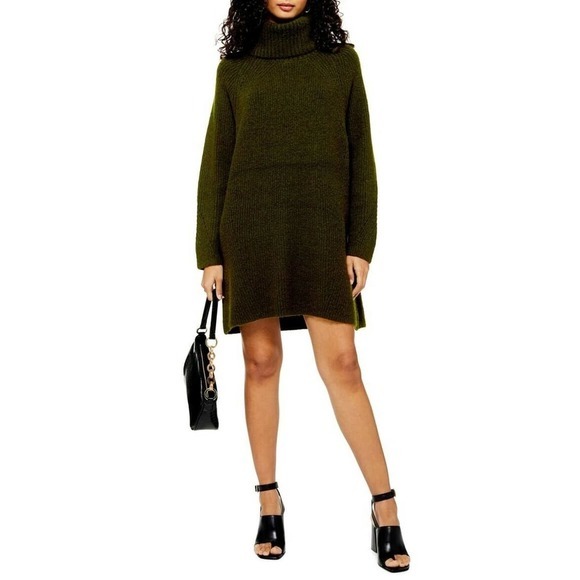 TOPSHOP Turtleneck Sweater Dress in Olive 12 - Picture 1 of 5